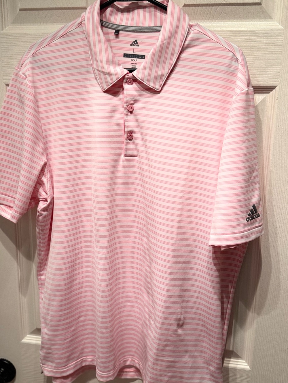 Men’s adidas Pink & White Stripe Performance Golf Polo Large